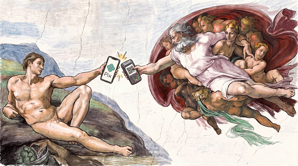 Ilustração do Pix por aproximação inspirada em A Criação de Adão