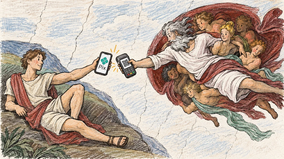 Ilustração do Pix por aproximação inspirada em A Criação de Adão